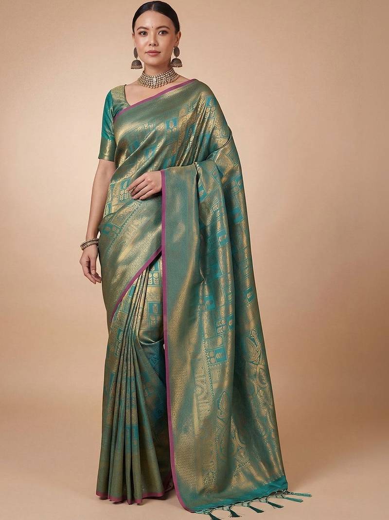Teal teal kanjivaram woven design sarees with blouse piece unstiched blouse