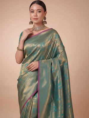 Teal teal kanjivaram woven design sarees with blouse piece unstiched blouse 2