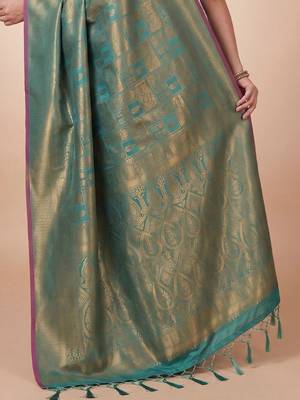 Teal teal kanjivaram woven design sarees with blouse piece unstiched blouse 5