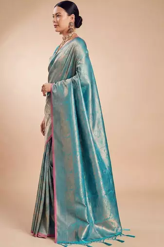Blue blue kanjivaram woven design sarees with blouse piece unstiched blouse
