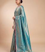 Blue blue kanjivaram woven design sarees with blouse piece unstiched blouse