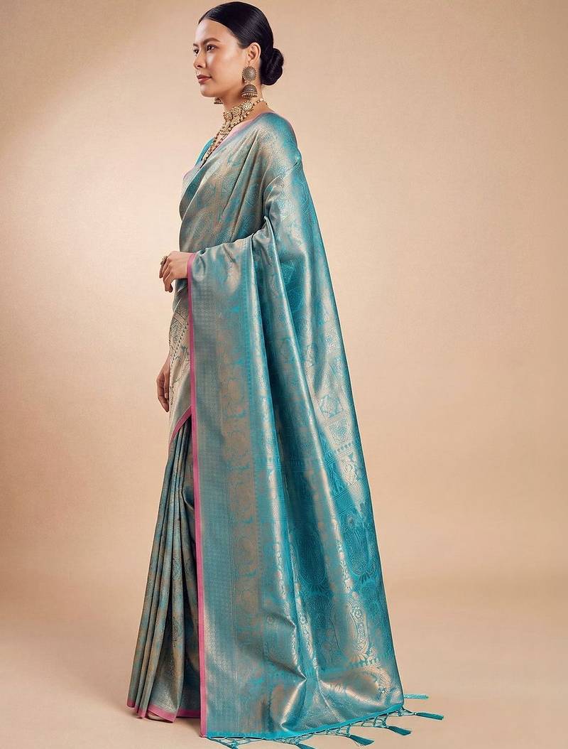 Blue blue kanjivaram woven design sarees with blouse piece unstiched blouse