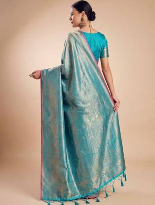 Blue blue kanjivaram woven design sarees with blouse piece unstiched blouse 2
