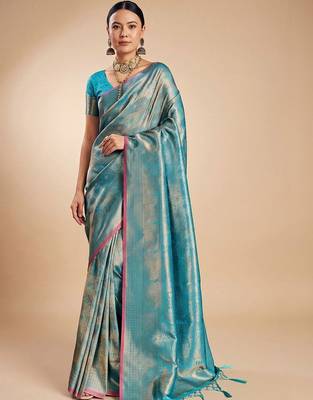 Blue blue kanjivaram woven design sarees with blouse piece unstiched blouse 3