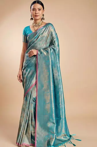 Blue blue kanjivaram woven design sarees with blouse piece unstiched blouse