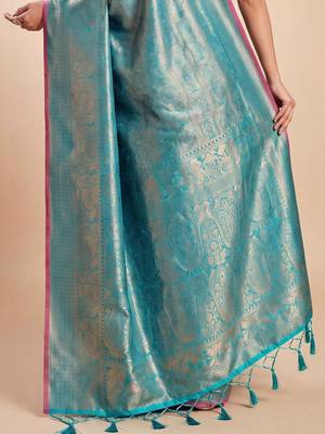 Blue blue kanjivaram woven design sarees with blouse piece unstiched blouse 5