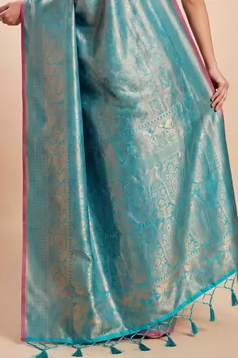 Blue blue kanjivaram woven design sarees with blouse piece unstiched blouse