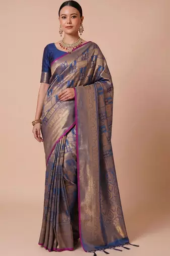 Blue blue kanjivaram woven design sarees with blouse piece unstiched blouse
