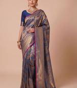 Blue blue kanjivaram woven design sarees with blouse piece unstiched blouse
