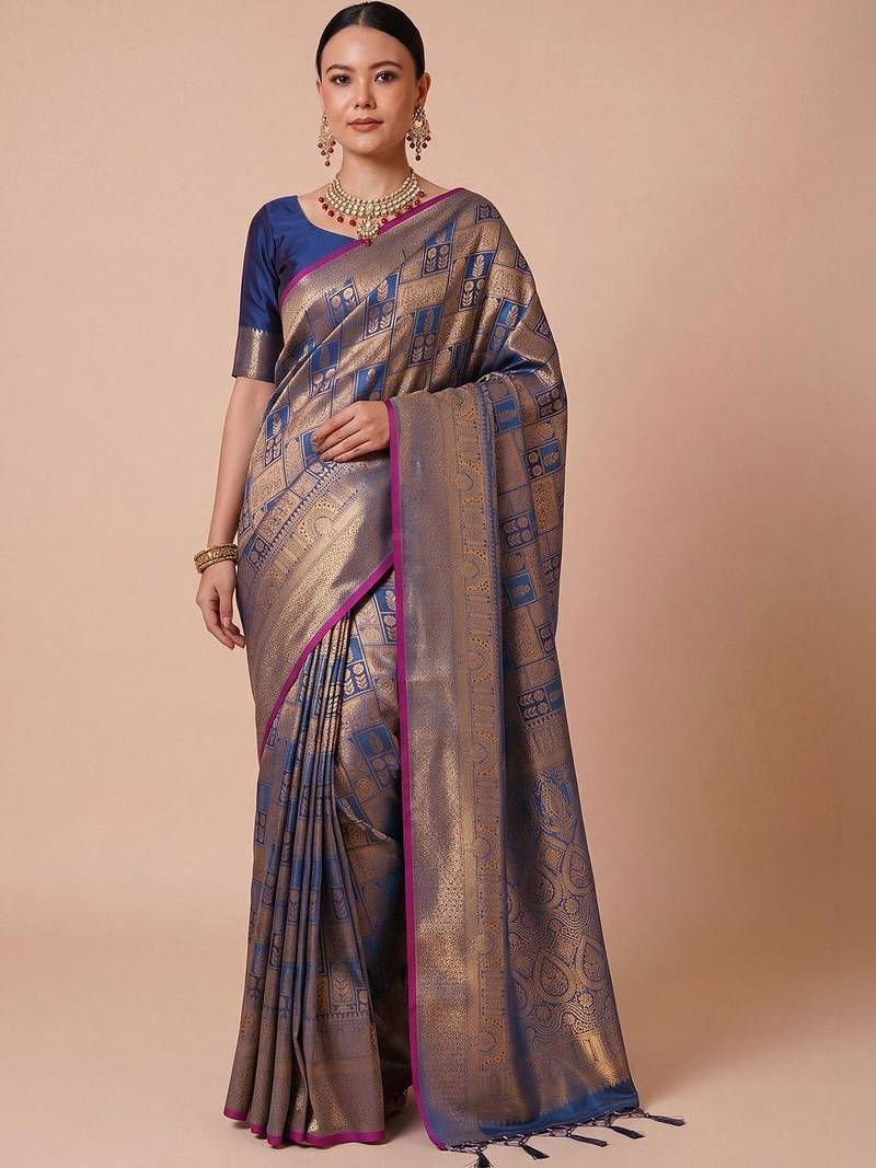 Blue blue kanjivaram woven design sarees with blouse piece unstiched blouse