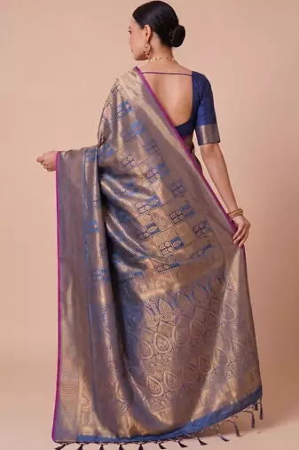 Blue blue kanjivaram woven design sarees with blouse piece unstiched blouse