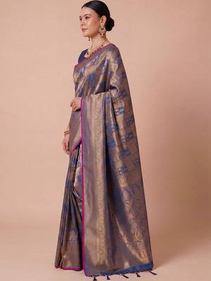 Blue blue kanjivaram woven design sarees with blouse piece unstiched blouse 3