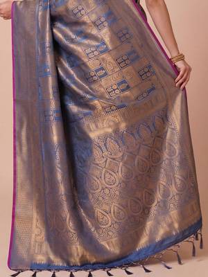 Blue blue kanjivaram woven design sarees with blouse piece unstiched blouse 5