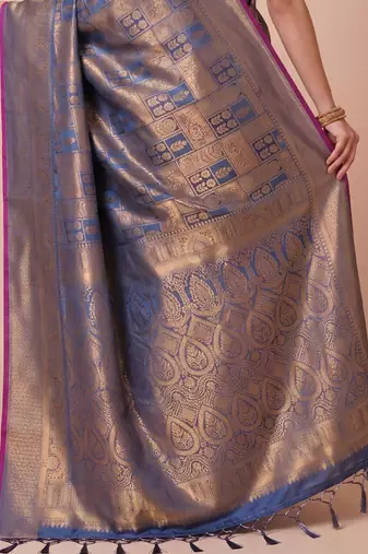 Blue blue kanjivaram woven design sarees with blouse piece unstiched blouse