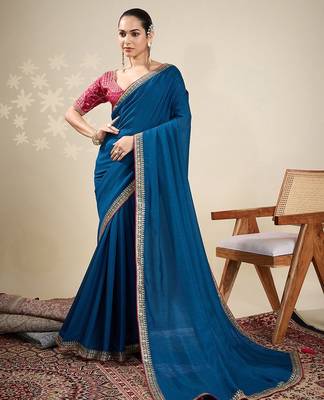 Blue solid saree with stitched blouse 1