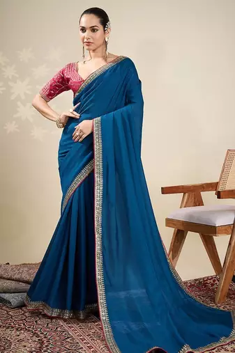 Blue solid saree with stitched blouse