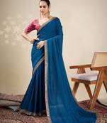 Blue solid saree with stitched blouse