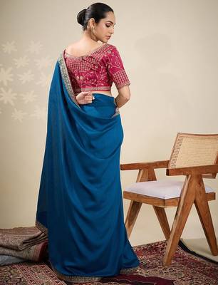 Blue solid saree with stitched blouse 2