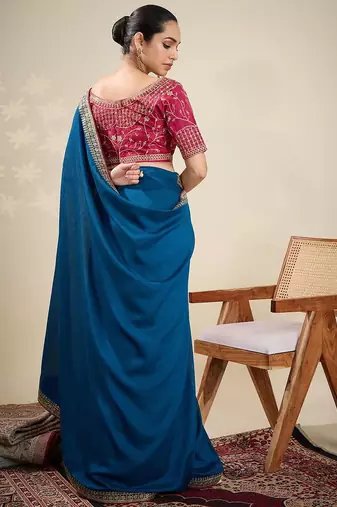 Blue solid saree with stitched blouse