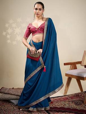 Blue solid saree with stitched blouse 3