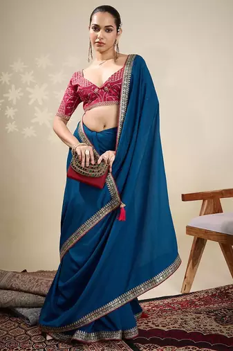 Blue solid saree with stitched blouse