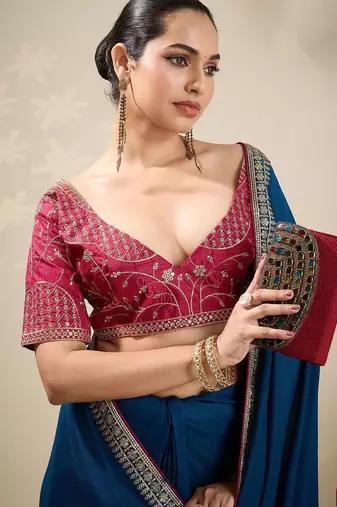 Blue solid saree with stitched blouse