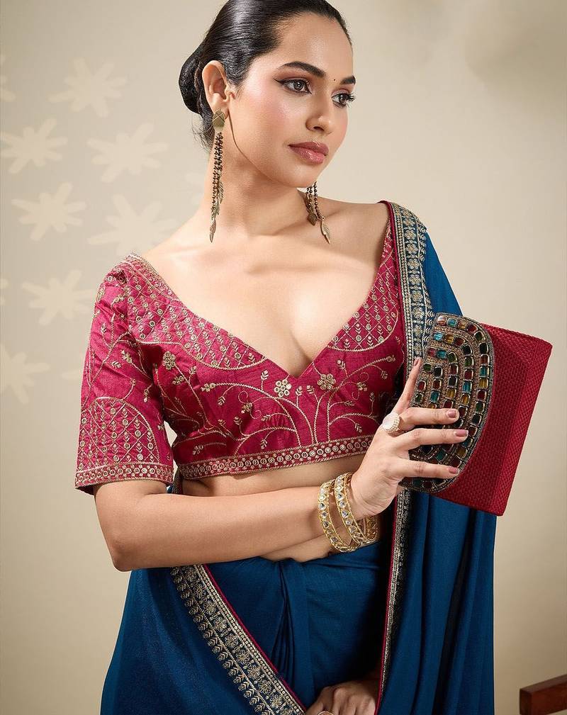 Blue solid saree with stitched blouse