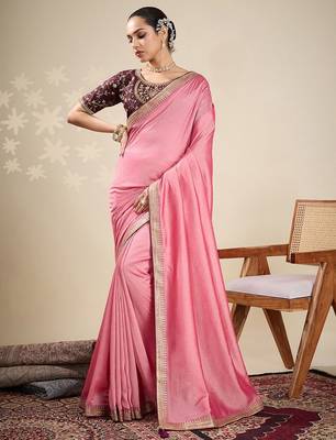 Peach women solid embellished border saree 1