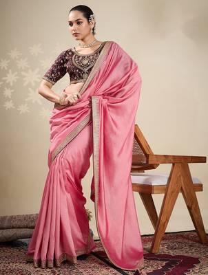 Peach women solid embellished border saree 2
