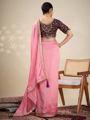 Peach women solid embellished border saree 3