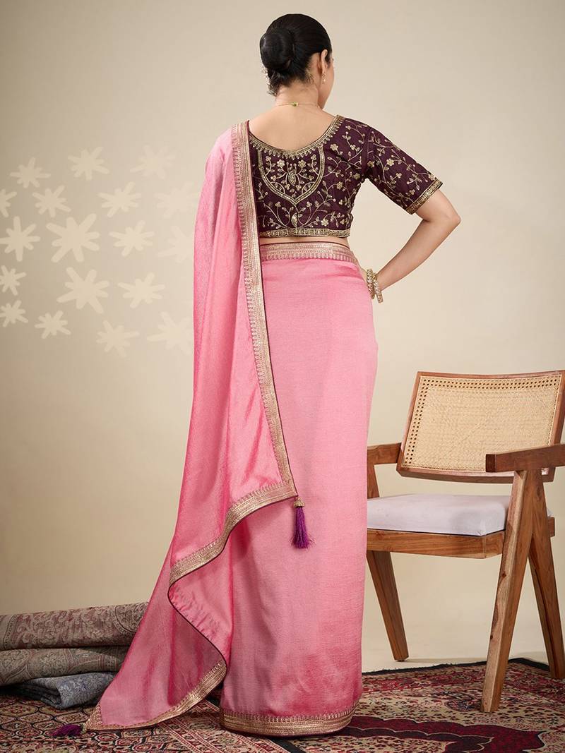 Peach women solid embellished border saree