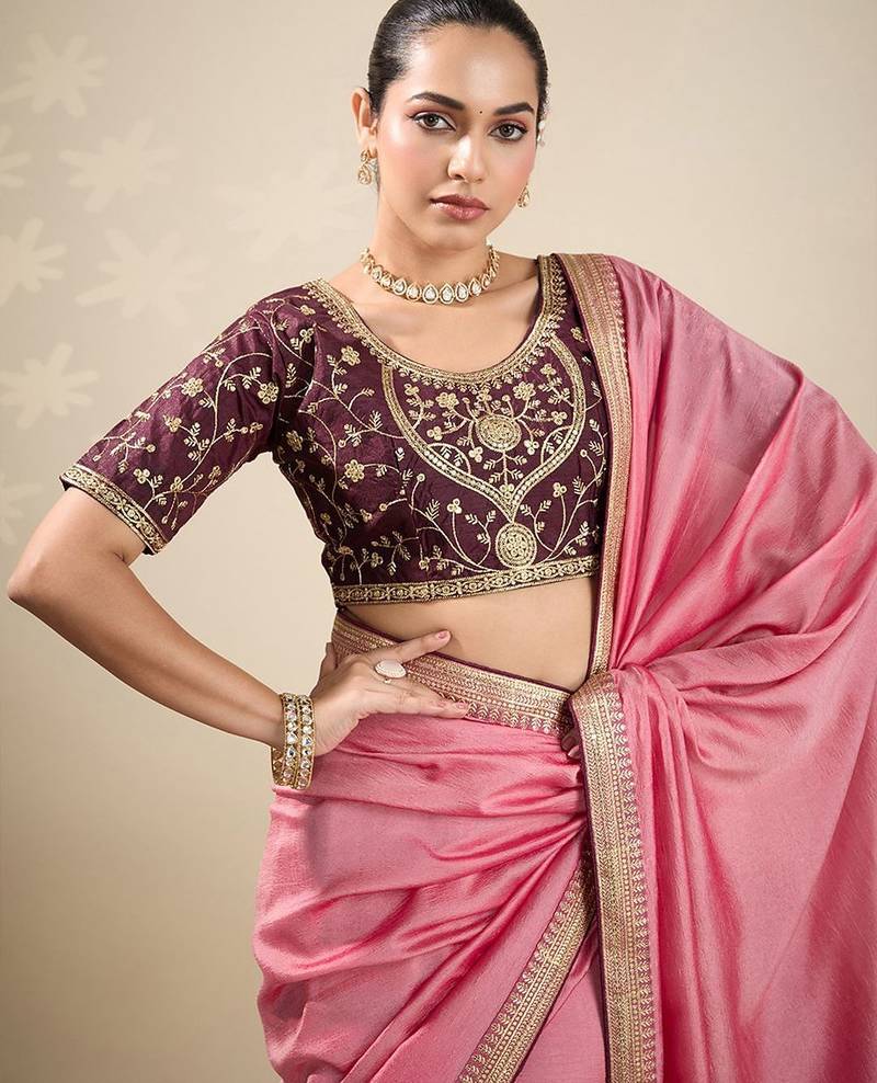 Peach women solid embellished border saree