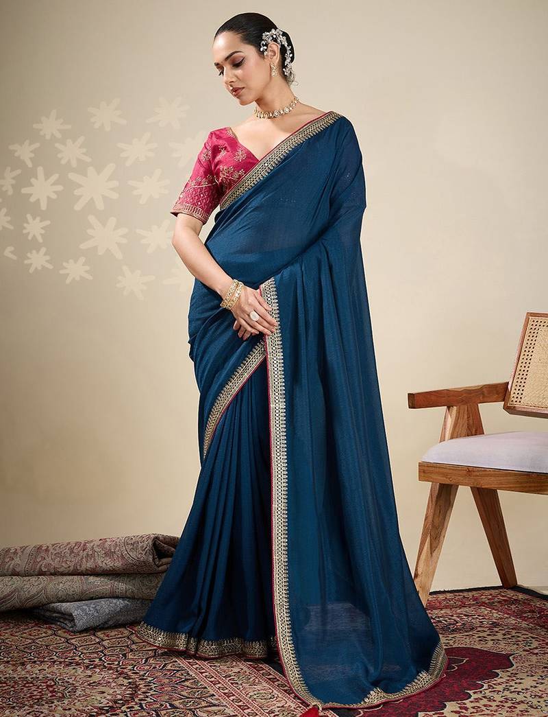 Teal embroidered saree