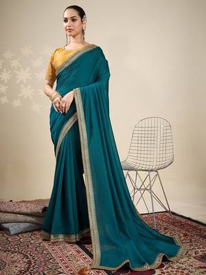 Teal embellished saree with blouse piece 1