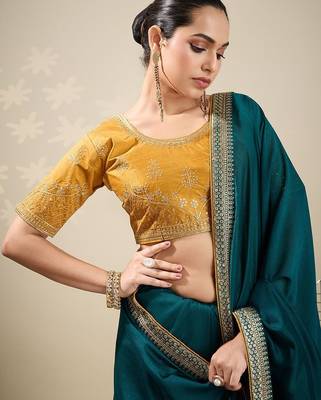 Teal embellished saree with blouse piece 4