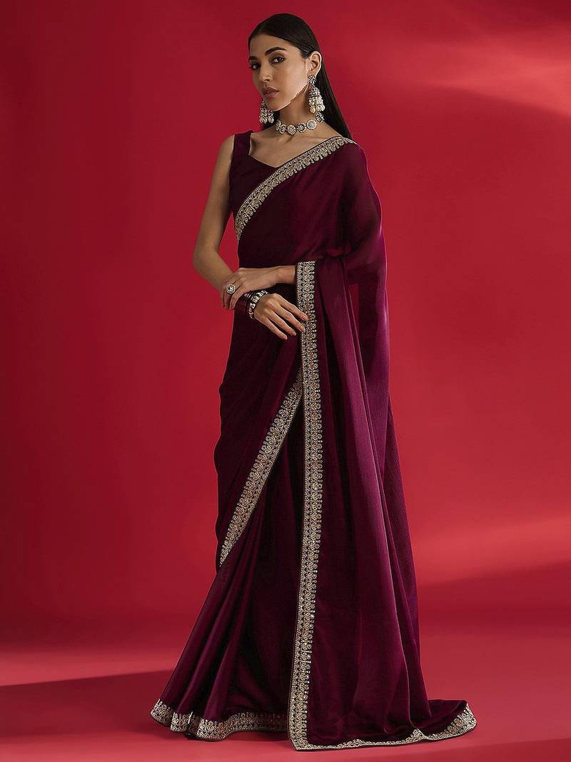 Magenta embellished saree with blouse piece