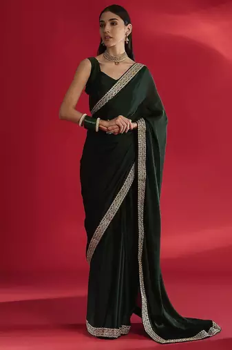 Green embellished saree with blouse piece