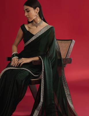 Green embellished saree with blouse piece 4