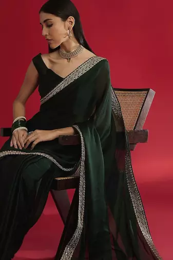 Green embellished saree with blouse piece