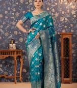 Teal woven design floral zari banarasi saree