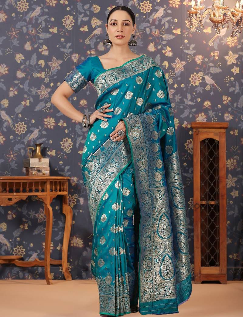 Teal woven design floral zari banarasi saree