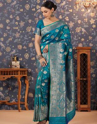 Teal woven design floral zari banarasi saree 2