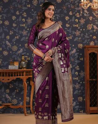 Burgundy woven design banarasi saree 1