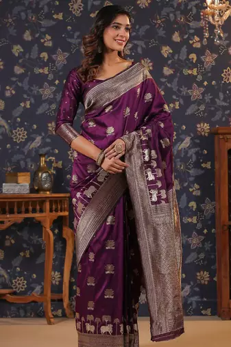 Burgundy woven design banarasi saree