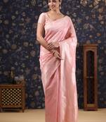 Pink woven design pure linen banarasi sarees