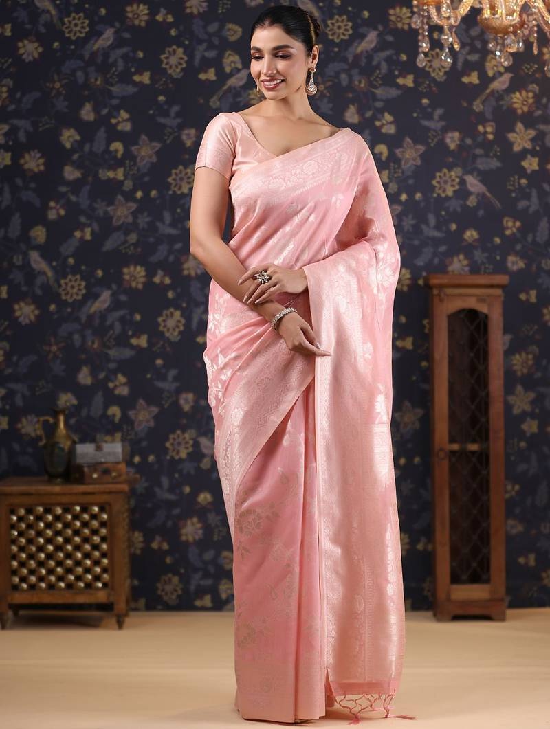 Pink woven design pure linen banarasi sarees
