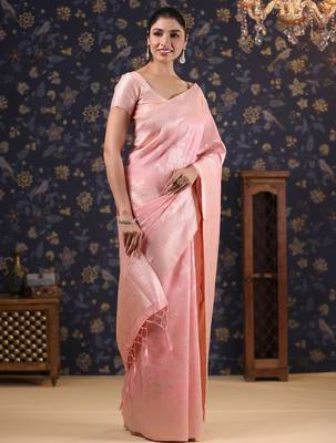 Pink woven design pure linen banarasi sarees 2