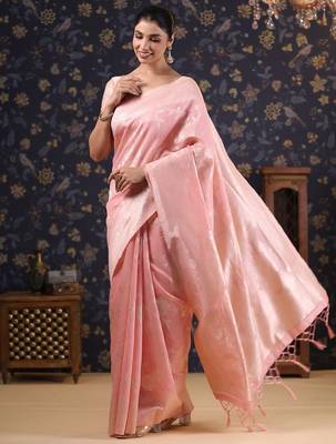 Pink woven design pure linen banarasi sarees 3