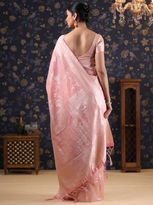 Pink woven design pure linen banarasi sarees 4
