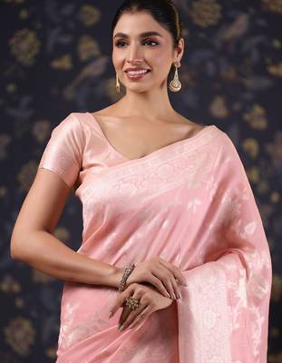 Pink woven design pure linen banarasi sarees 5